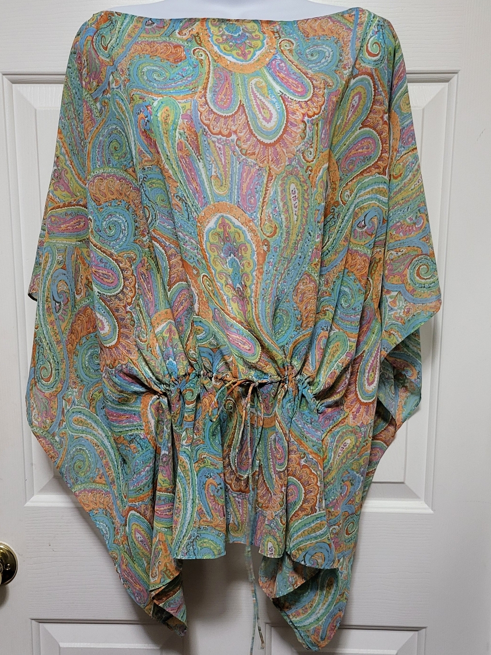 American Living Paisley Drawstring Waist Top - Aqua, Coral, Gold